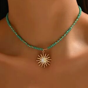 Natural Green Turquoise Gemstone Faceted Bead Necklace 14K Gold Filled Pendant